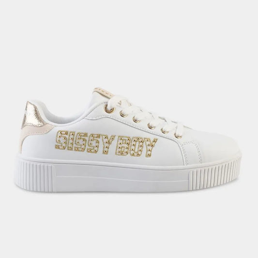 White Sissy Boy Sneaker With Gold Studs