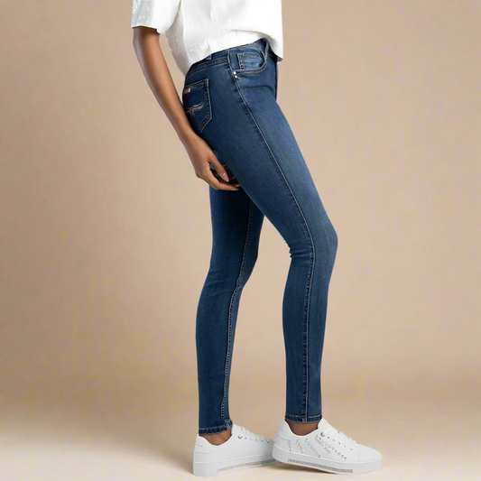 Ladies skinny jeans in a medium denim blue wash from Sissy Boy, featuring stretch denim and classic 5-pocket design