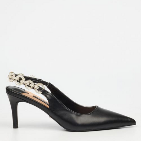 Black faux leather slingback heel with diamante chain by Miss Black – Nola 1, pointy toe, 7.5cm heel.