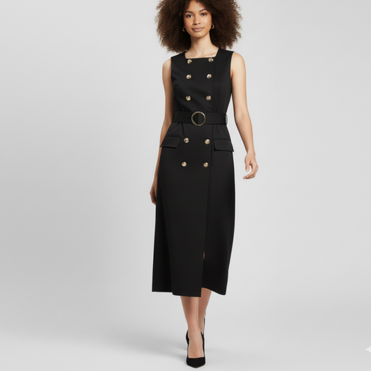 Isla Black Sleeveless Midi Dress by Modern Dynasty with  button detailing and waist belt.