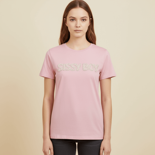 Sissy Boy So Long Summer pale pink regular fit T-shirt with pearl and rhinestone logo – women’s fashion top