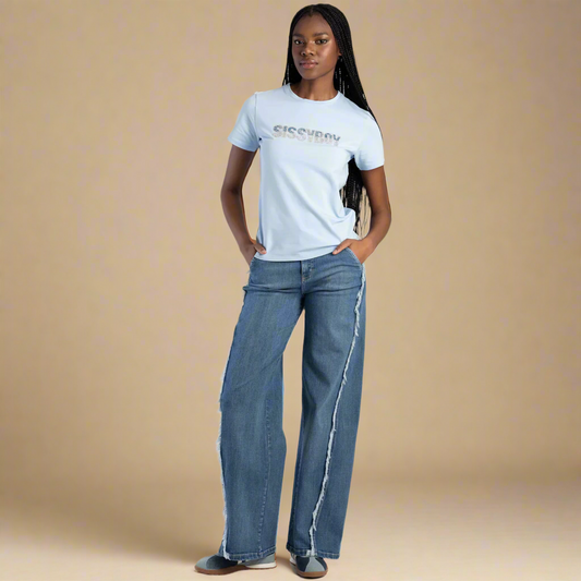 light blue Sissy Boy PERFECT TOGETHER T-SHIRT with denim and bling logo print