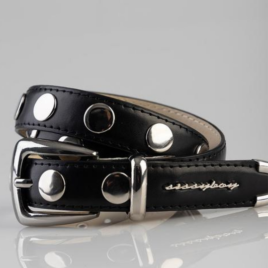 Black studded women's belt with metallic buckle by Sissy Boy
