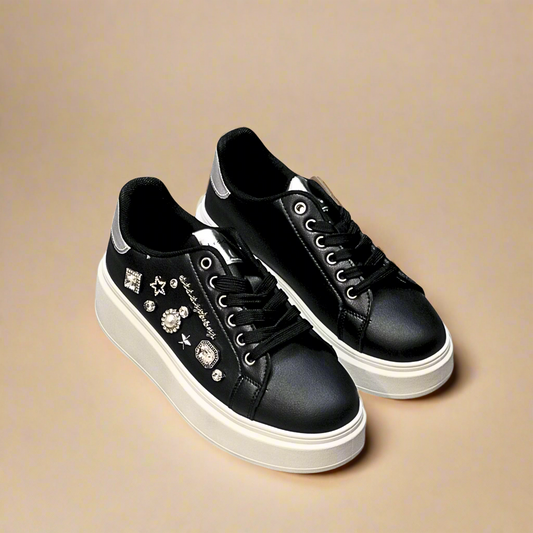 Sissy Boy Gemy women's black platform sneakers with decorative gems and thick white sole