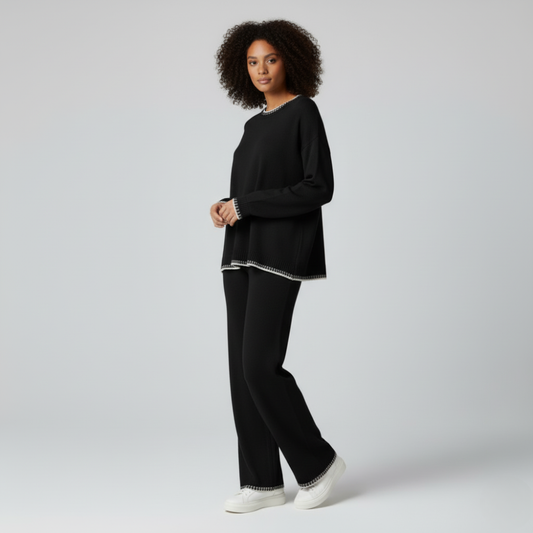 Modern Dynasty black knit lounge set wide leg pants