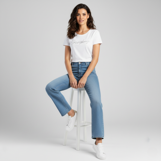 Sissy Boy Samantha High Waist Wide Leg Jeans styled with white t-shirt and sneakers