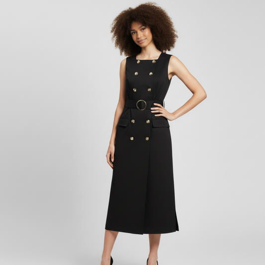 Elegant black midi dress for women – sleeveless design with double-breasted  buttons by Modern Dynasty.