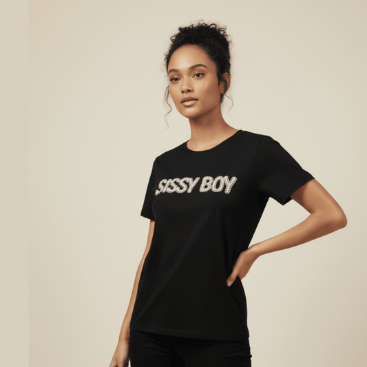 Women’s black Sissy Boy T-shirt – regular fit with sparkling pearl and rhinestone branding