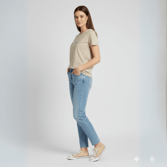 Sissy Boy In Full Bloom Stone Regular Fit Logo Tee styled with high-waisted jeans for a relaxed everyday look.