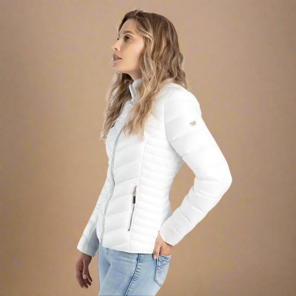 Ravila White Quilted Puffer Jacket by Sissy Boy, designed for a flattering fit and cozy comfort during colder months.