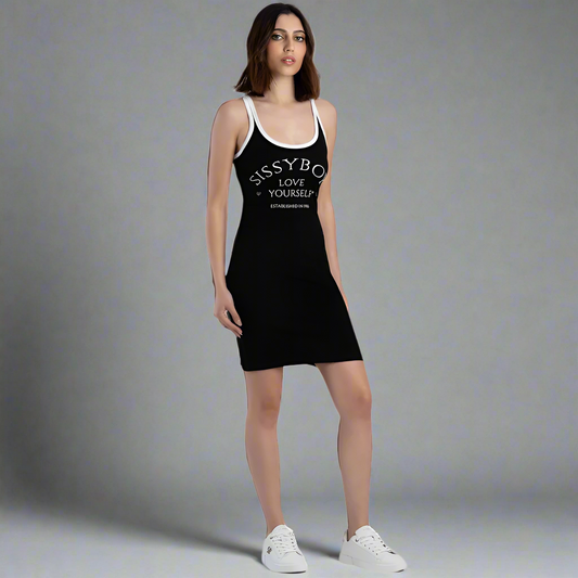 Model wearing the black Sissy Boy Michel Mini Strappy Dress, demonstrating its casual summer style perfect for outdoor events