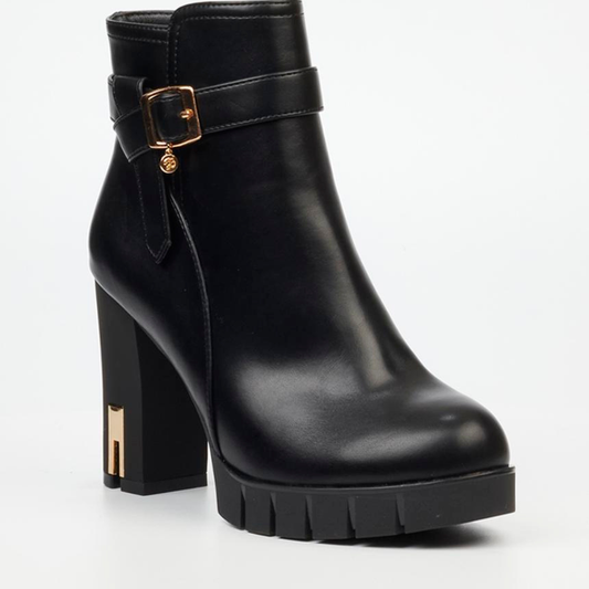 Black high block heel boot with almond toe and gold heel accent