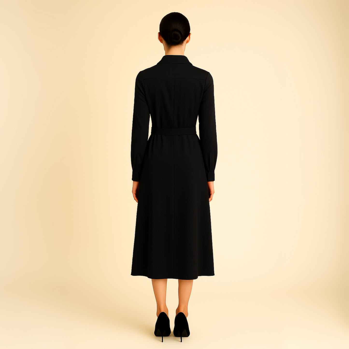 Modern Dynasty black maxi dress, button-front, belted, and collared for versatile women’s style