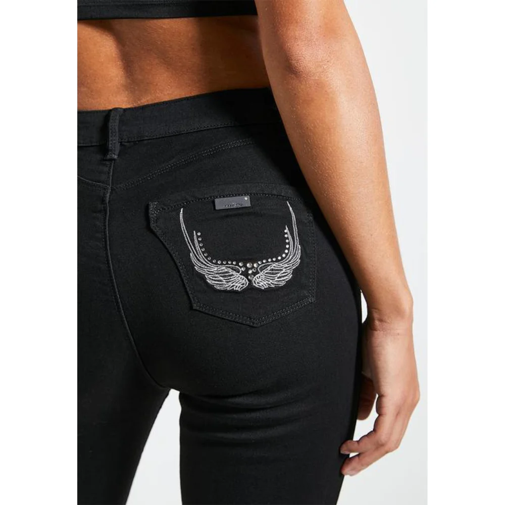 Women’s Black Skinny Jeans with Sparkling Diamante Accents – Sissy Boy Laura Slim Silhouette & Zip Fly