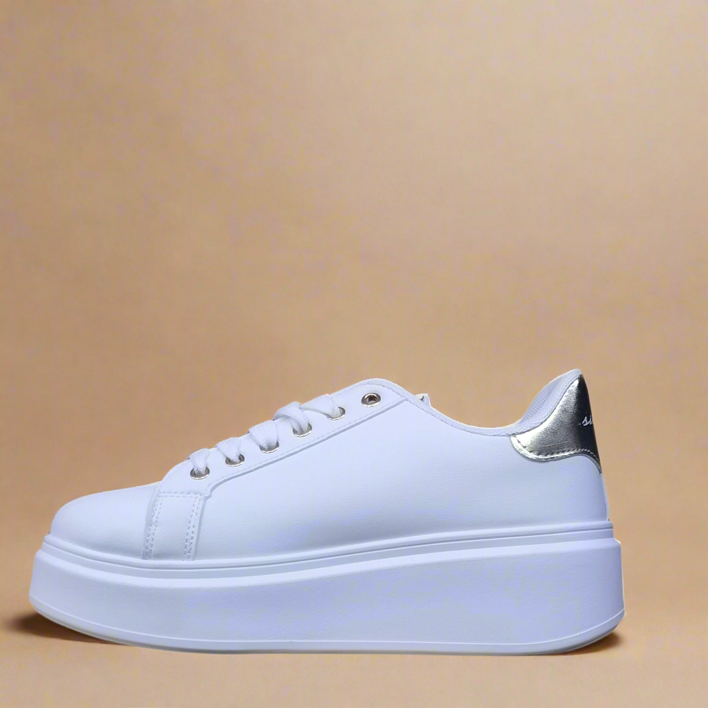 Stylish white platform shoes for women featuring shiny gem accents and thick sole by Sissy Boy