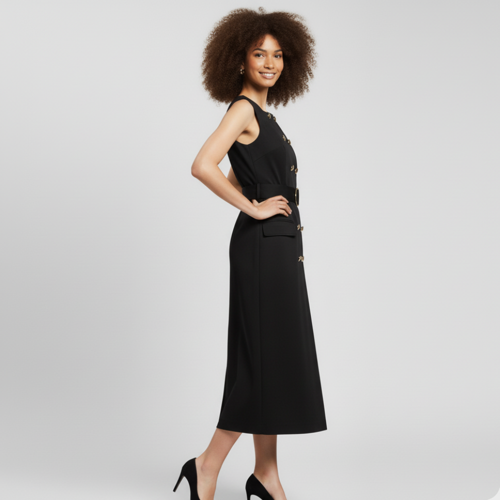 Chic office-to-evening black belted midi dress – Isla by Modern Dynasty, featuring a flattering tailored fit.