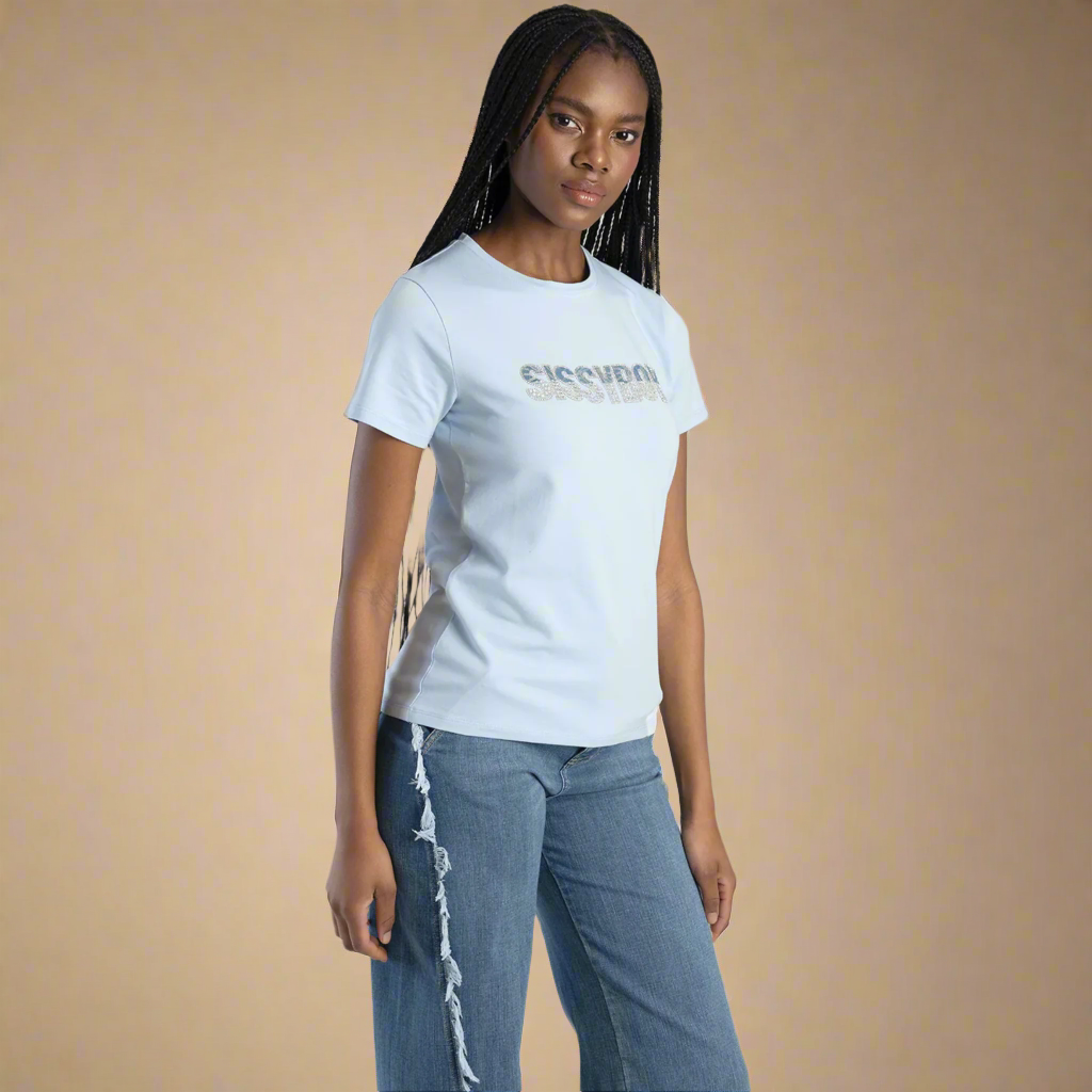 Sissy Boy brand perfect together T-shirt with denim bling logo, paired with trendy frayed edge blue jeans.