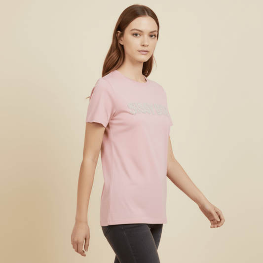 Women’s pink Sissy Boy T-shirt – regular fit with embellished pearl and rhinestone branding, casual summer wear