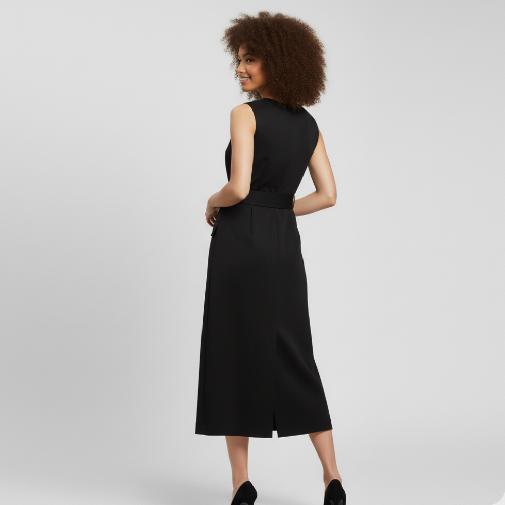 Modern Dynasty Isla black sleeveless midi dress styled with statement buckle belt