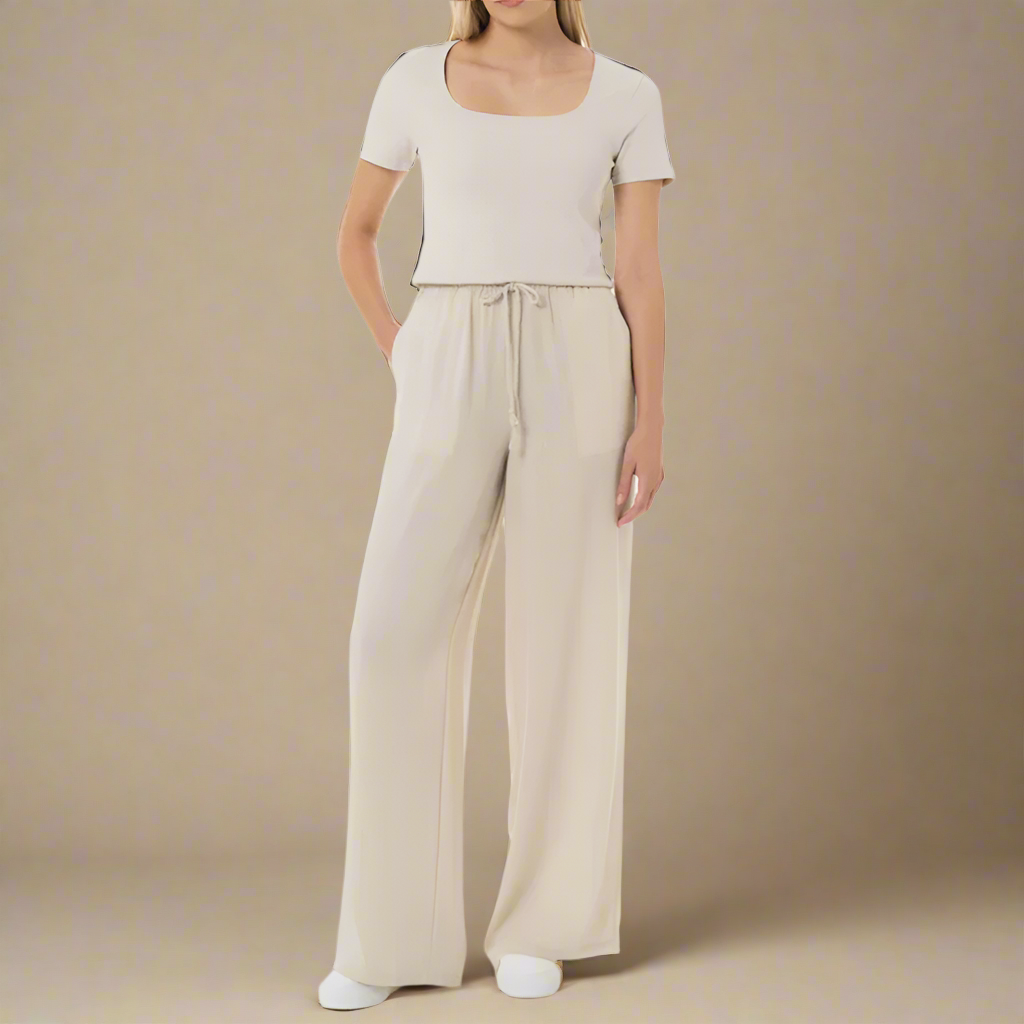 Cleo - Ecru Draw String Wide Leg Pants