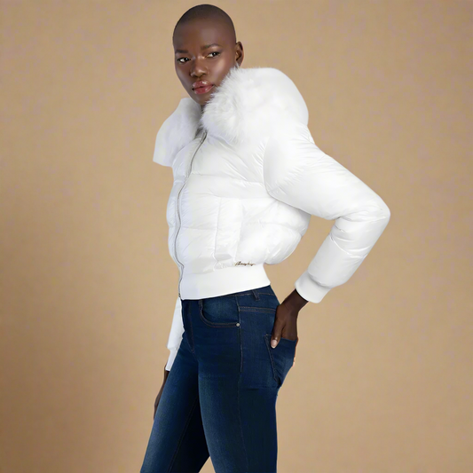 Trendy White fur collar jacket | Sissy Boy