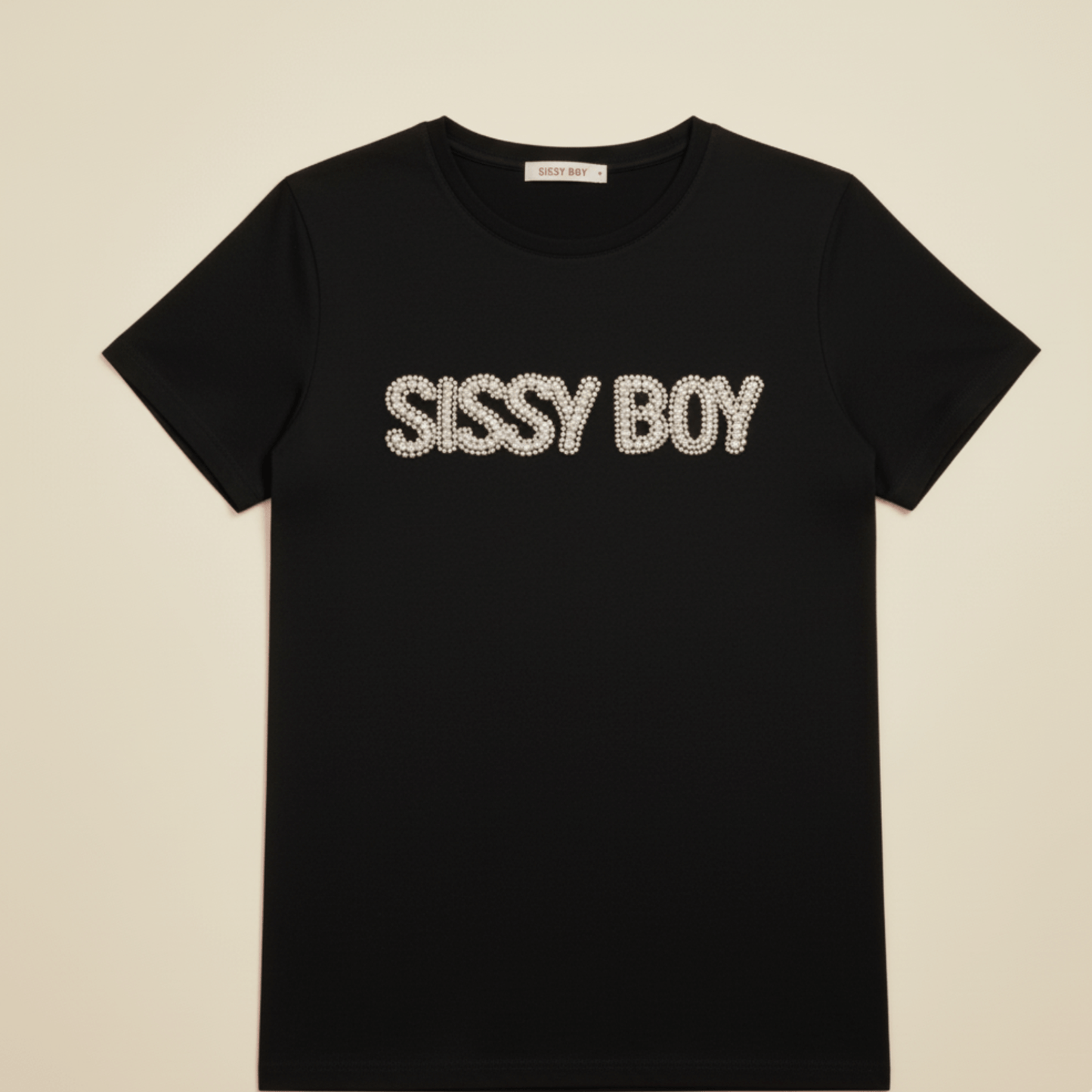 Sissy Boy women’s black T-shirt with pearl and rhinestone logo, soft cotton blend fabric