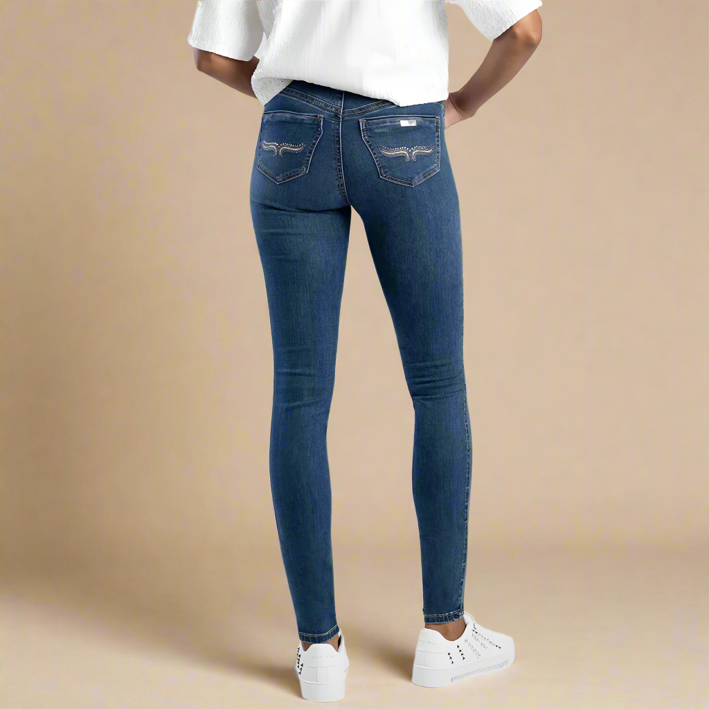 "Denim blue wash skinny jeans for women, Sissy Boy Mila Rose, with comfortable stretch denim and zip closure.