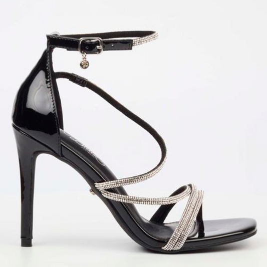 Black stiletto heel sandal with crystal-embellished straps and open-toe design, Miss Black Snazz 4