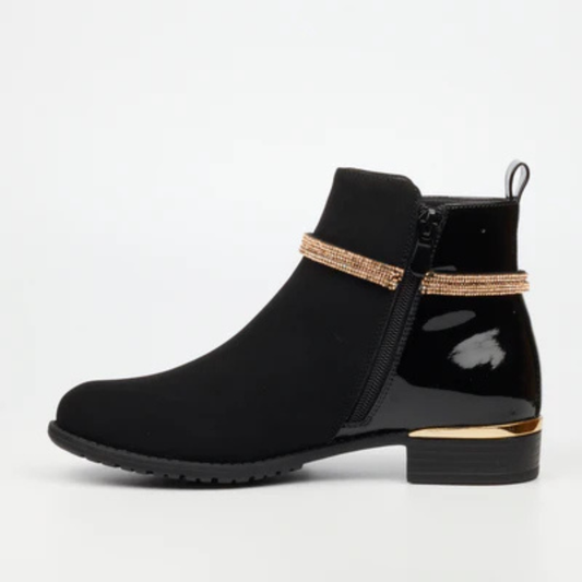 Miss Black Hadar 20 black ankle boot with diamante detailing and gold heel accent