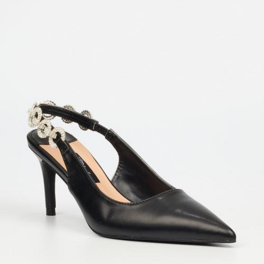 Elegant women’s black slingback heel with sparkling diamante chain, pointy toe design, Miss Black Nola 1.