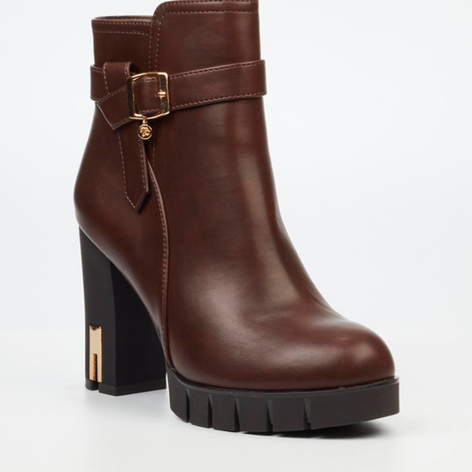 Chocolate brown block heel boot with almond toe and gold heel detail