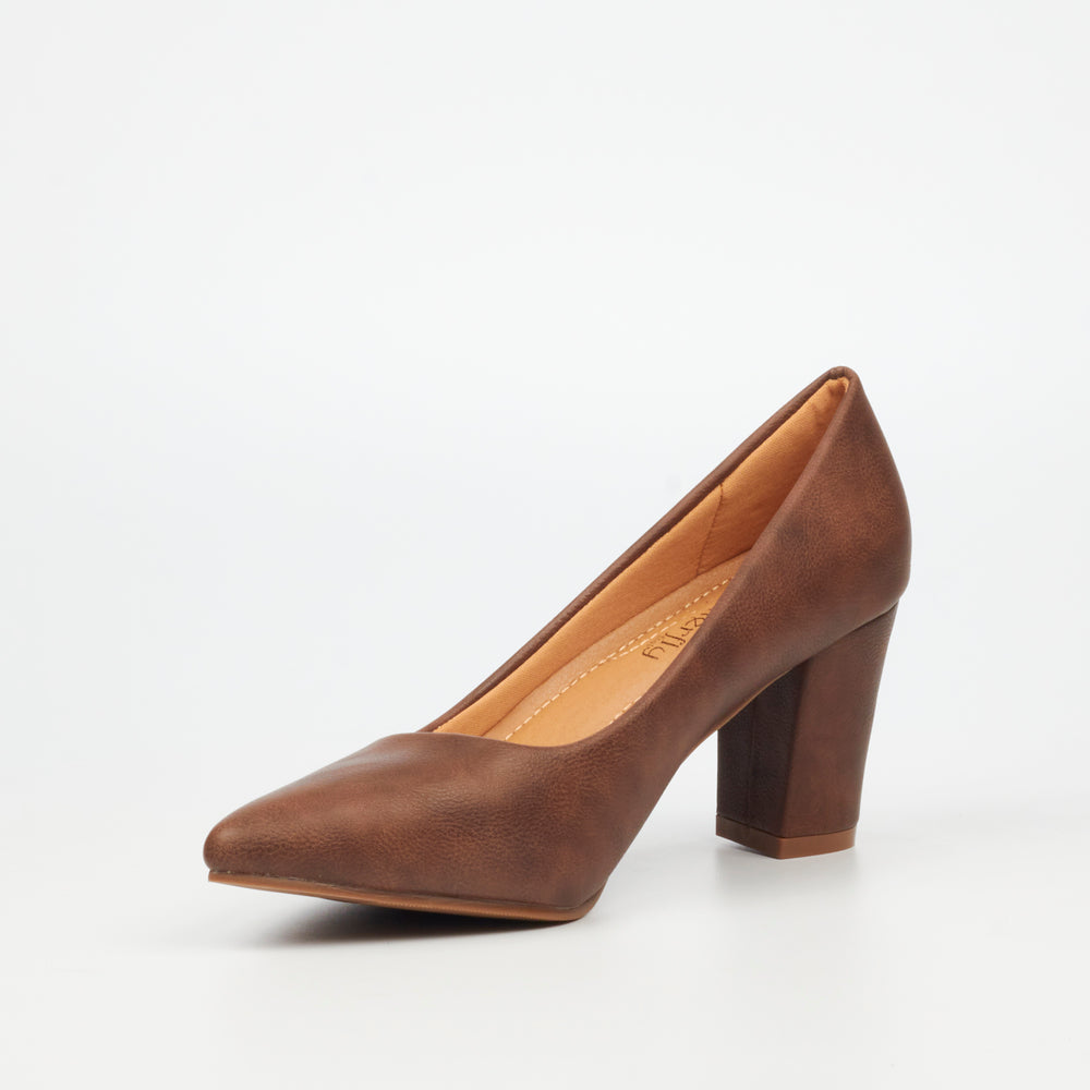 Brown block heel court shoes with pointy toe design