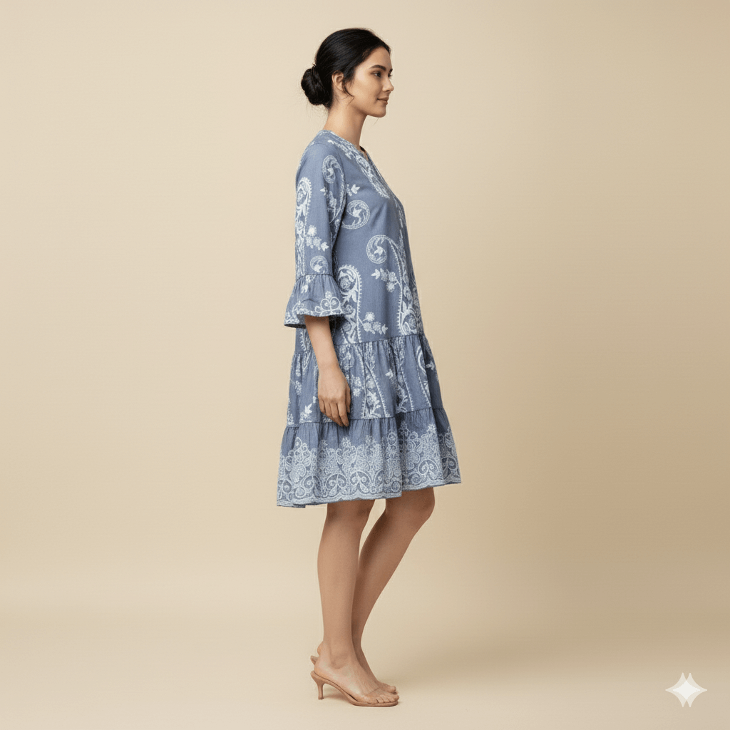 Blue paisley tiered dress – perfect lightweight dress for brunch and holidays