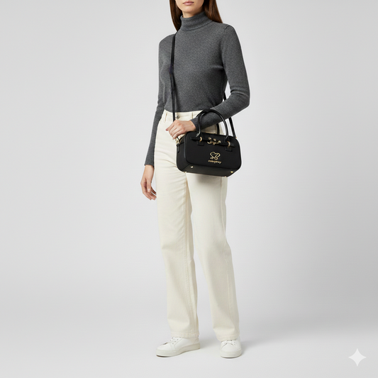 Sissy Boy black crossbody bag worn across the body on model