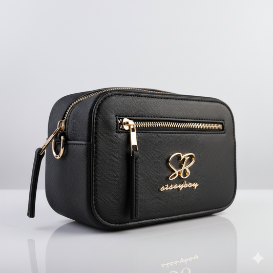 Black Sissy Boy crossbody bag with adjustable strap and zip closure