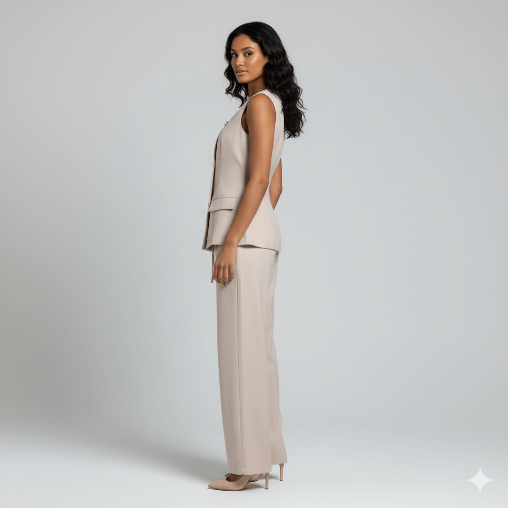 Beige sleeveless top and wide-leg pants outfit