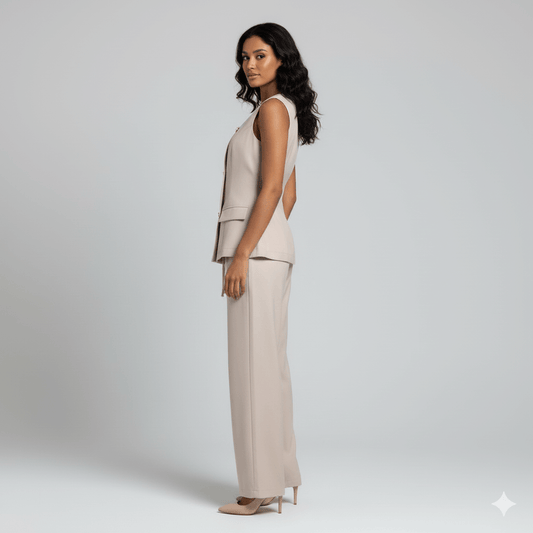 Beige sleeveless top and wide-leg pants outfit
