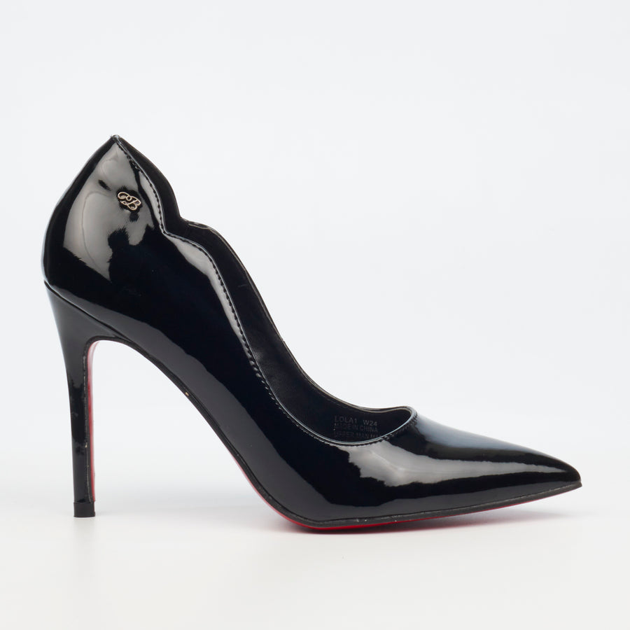 Miss Black Court Heel with faux patent finish and pointy toe design