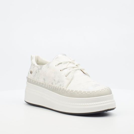 Comfortable white sneaker with lace-up closure, textured accents, and signature Butterfly Feet branding.