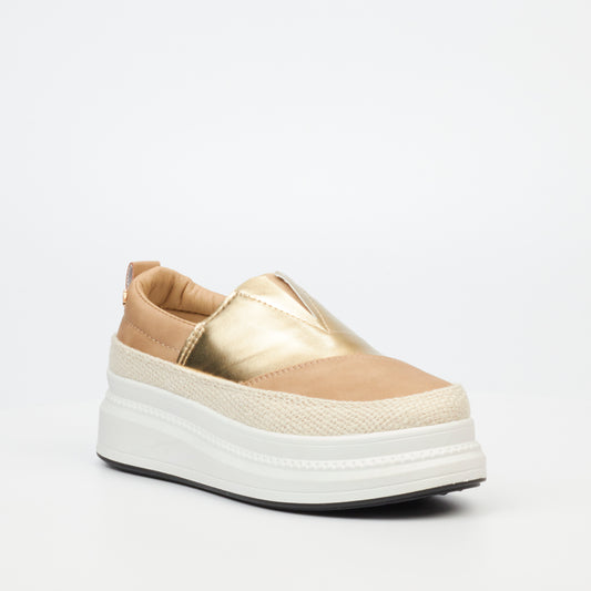 Taupe and gold slip-on sneakers with a chunky platform sole. | Butterfly Feet