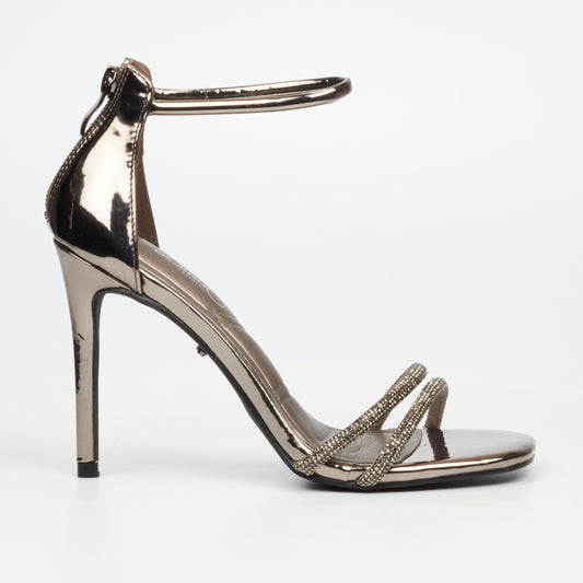 Miss Black Snazz 8 Pewter Glamour Heel with double diamante straps and soft square toe.