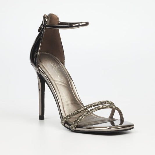 Pewter stiletto heel sandal by Miss Black featuring ankle buckle and sparkling diamante straps