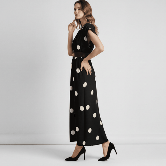 Elegant black V-neck maxi dress with off-white polka dots