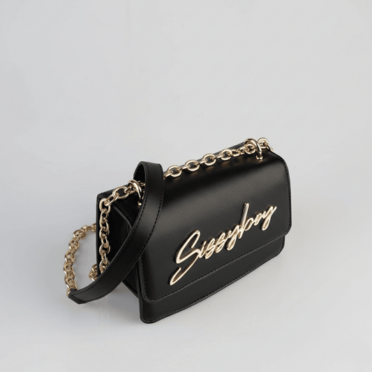 Women’s luxury black structured crossbody handbag by Sissy Boy, logo detail, small chic purse