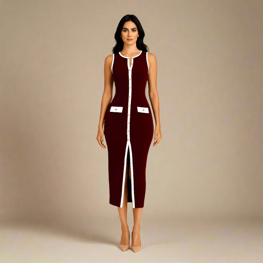 Monroe - Burgandy Contrast Button Midi Dress