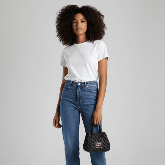 Chic women’s black mini bag with luxury woven texture and gold Sissy Boy branding