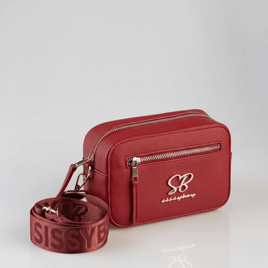 Red Sissy Boy crossbody bag featuring adjustable strap and zip closure