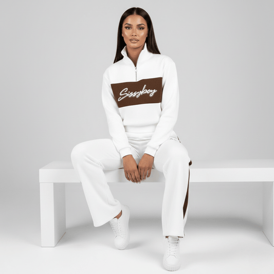 Women’s neutral knit tracksuit set with contrast panel detail