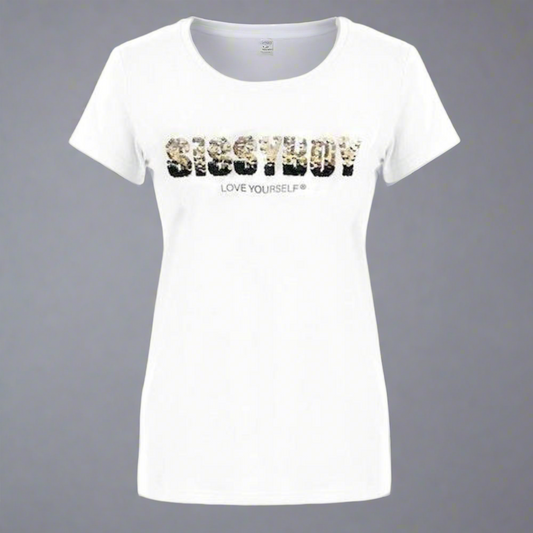 White Regular Fit Tee With Sequin Logo