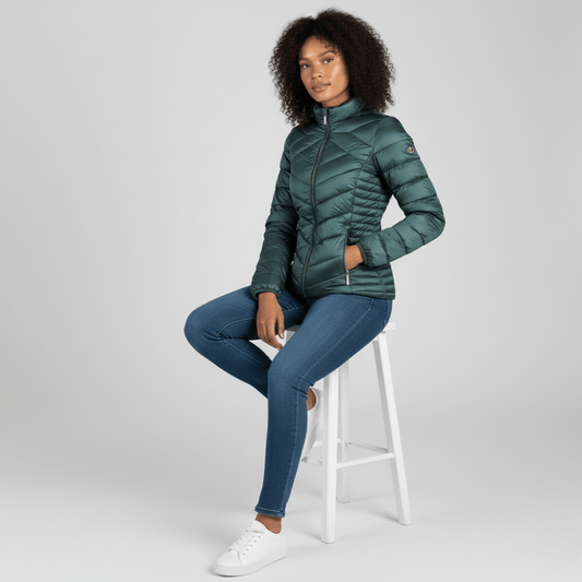 Lightweight emerald puffer jacket with zip detail